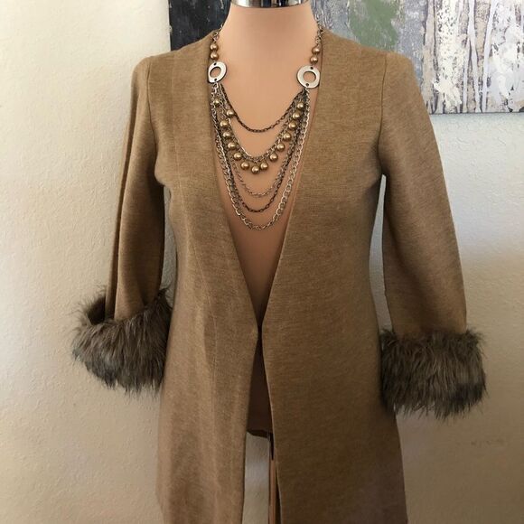 SOFT SURROUNDINGS Caramel Tan Cardigan Duster Faux Fur Sleeves - Picture 1 of 7